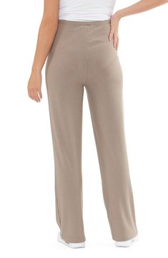 These ribbed pants cut in a straight-leg silhouette are so supersoft and stretchy that you'll want to wear them through your pregnancy and beyond. Pull-on style 78% polyester, 18% viscose, 4% elastane Machine wash, dry flat Imported Full-length Solid Ribbed Pants, Full Length Solid Ribbed Pants, Solid Ribbed Full-length Pants, Solid Color Ribbed Full Length Pants, Stretch Ribbed Wide Leg Pants Full Length, Ribbed Stretch Straight Leg Bottoms, Stretch Ribbed Wide-leg Pants, Versatile Stretch Ribbed Bottoms, Comfortable Ribbed Wide Leg Bottoms