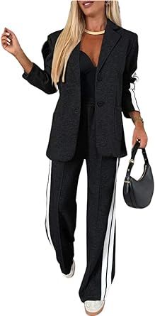 ELFTOWN Women's Fall Casual Blazer Suit Set 2 Piece Outfits Lapel Long Sleeve Blazer Jackets Wide Leg Pants Matching Set Casual Blazer, Suit Set, Blazer Suit, Leg Pants, Wide Leg Pants, Wide Leg, Blazer, Long Sleeve, Pants