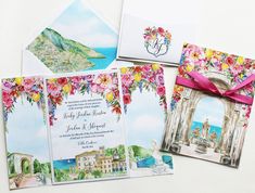 the wedding stationery is decorated with watercolors and flowers, such as peonies