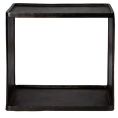 a black metal shelf with a white background