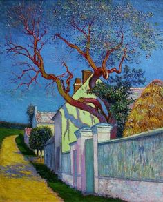 a painting of a tree and fence in front of a house with blue sky behind it