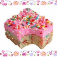 a piece of cake with pink frosting and sprinkles