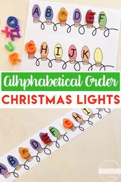 an alphabetical order christmas lights printable activity for kids to practice letters and numbers