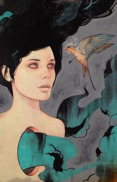 a painting of a woman with black hair and birds flying over her head in the sky