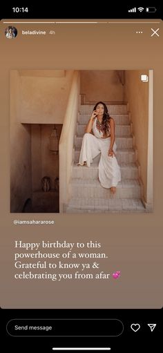 a woman sitting on top of a set of stairs with the caption happy birthday to this powerhouse of a woman