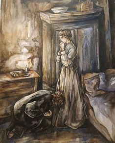 a painting of a woman standing in front of a bed next to a black dog