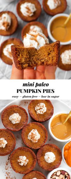 mini pale pumpkin pies with whipped cream on top and in the middle, being held up by a spoon