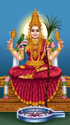 the hindu god sitting on top of a throne with flowers in his hand and holding a pot