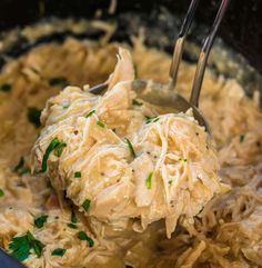 a ladle scooping some food out of a pot filled with chicken and noodles