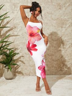 Summer Vacation Holiday Beach Rainforest Women's Tight-Fit Long Dress With Backless Floral Spaghetti Strap Design Vacation Outfits Women White Casual  Sleeveless Knitted Fabric Floral,Plants,All Over Print Cami High Stretch Fall Women Clothing, size features are:Bust: ,Length: ,Sleeve Length: Beach Bodycon Dress With Built-in Bra, Strappy Stretch Beach Dress, Summer Halter Neck Bodycon Dress With Straps, Summer Strappy Bodycon Dress, Summer Bodycon Dress With Strappy Shape, Floral Print Bodycon Dress For Beach, Floral Print Bodycon Dress For The Beach, Summer Backless Bodycon Dress With Adjustable Straps, Fitted Spaghetti Strap Bodycon Dress For Beach