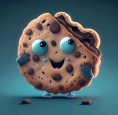 a cookie with eyes and hands is standing in front of some chocolate chips