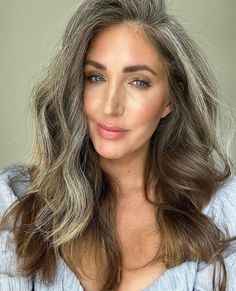 Brown Gray Grey Hair With Blue Eyes, Actresses With Gray Hair, Blue Eyes Grey Hair, Naturally Gray Hair, Gray Hair Olive Skin Tone, Brownish Gray Hair, Gray Hair With Green Eyes, Light Brown Gray Hair, Brown To Grey Hair Transformation