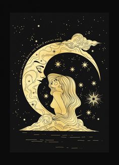 a drawing of a woman sitting on the moon with stars in the sky above her