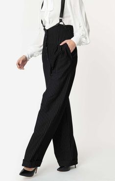 Find UNIQUE VINTAGE Thelma High Waist Suspender Pants on Editorialist. Step back in time with the Thelma Suspender Pants! These 1930s inspired beauties are made from a luxurious fabric blend, boasting a high waist and adjustable suspenders for that perfect fit. With deep pockets and cuffed wide legs, these pants will make you the star of any occasion. Unlined Button Up Front Removable and Adjustable Suspenders Side Pockets Material Has No Stretch Charlie Aesthetic, Vintage Core, Suspenders Outfit, Cloth Ideas, Trend Ideas, Suspender Pants, Dance Clothes, Essentials List, Mens Fashion Classic