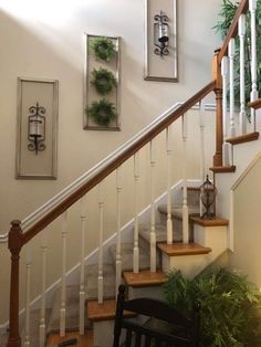 the stairs in this house are decorated with plants and pictures on the wall above them