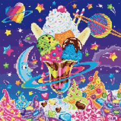 a cross stitch pattern with an ice cream sundae and planets in the sky, on a purple background