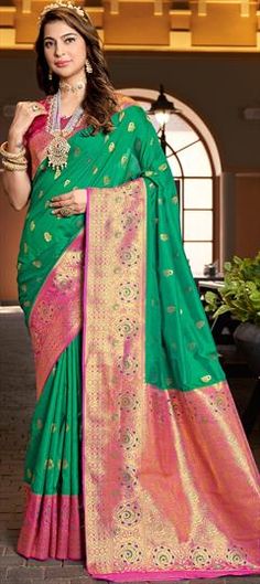 Green color Saree in Silk fabric with Weaving, Zari work Green Saree With Motifs For Reception, Blouse Length, Saree Wedding, Green Fashion, Petticoat, Silk Fabric, Green Colors, Weaving, Saree