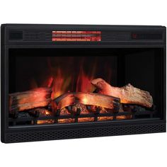 an electric fireplace with logs and flames