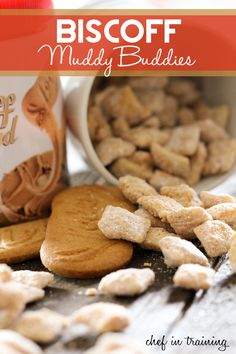 dog treats are sitting on a table next to a can