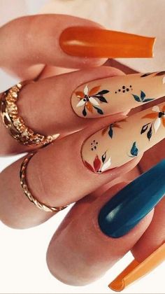 September Nails, Blue Nail, Nail Swag, Fall Nail Art, Autumn Nails, Beauty Nail, Floral Nails