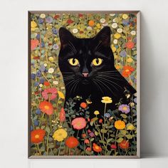 a painting of a black cat surrounded by flowers