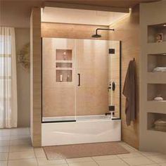 a bathroom with a walk in shower next to a bathtub and shelves on the wall