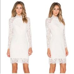 Ivory Color Brand New With Tags White Fitted Long Sleeve Lace Dress, White Long Sleeve Lace Dress With Lace Trim, White Lace Dress With Long Sleeves, White Long Sleeve Lace Dress For Date Night, White Lace Long Sleeve Dress For Date Night, White Lace Long Sleeve Mini Dress, Chic White Long Sleeve Lace Dress, White Feminine Mini Dress With Lace Sleeves, Feminine White Mini Dress With Lace Sleeves