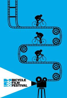 a movie poster with the words bicycle film festival on it's side and an image of a man riding a bike