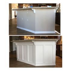 two pictures of the same kitchen island in different stages of being built and painted white