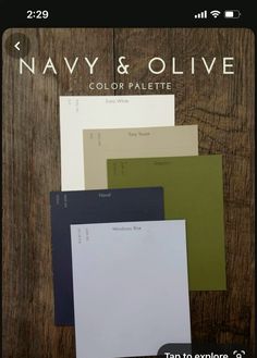 the navy and olive color palette is on display