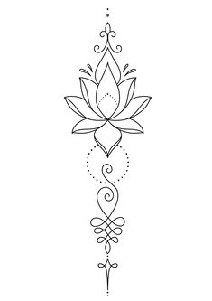 a line drawing of a lotus flower with swirls and leaves on it's side