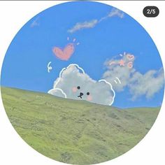 there are clouds and birds flying in the sky over a hill top with grass on it