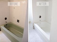 before and after pictures of a bathtub remodel in a bathroom with white tile