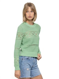 100% Cotton in 7-gauge knit Model is wearing size Small Hand Wash Cold or Dry Clean Only Unit (inch) XS S M L Body length 21 1/2 22 22 1/2 23 Shoulder 13 3/4 14 3/4 15 3/4 16 3/4 Chest 15 3/4 16 3/4 17 3/4 18 3/4 Sleeve length 22 1/2 23 23 1/2 24 Pointelle Knit Sweater For Spring, Spring Textured Knit Top, Spring Knit Sweater For Layering, Knit Sweater For Spring Layering, Fitted Casual Spring Sweater, Soft Knit Sweater For Spring, Spring Pointelle Knit Top, Knit Sweater For Spring, Fitted Soft Knit Sweater For Spring