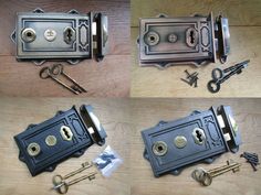 four pictures of different locks and keys on a wooden table with one door open, the other closed