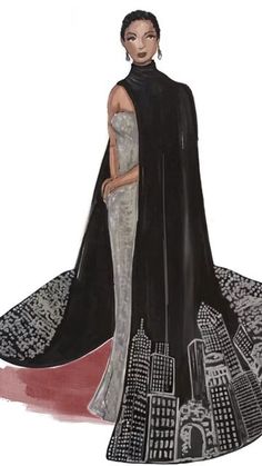 a drawing of a woman in a black cape and dress with city skylines behind her