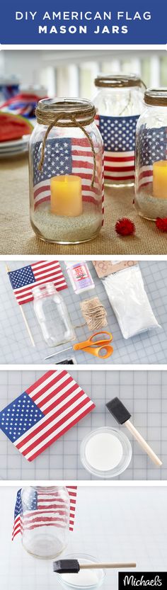 an american flag mason jar filled with candles and some other items to make patriotic decorations