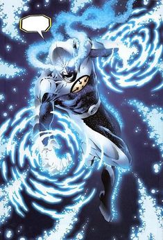 a comic character flying through the air in front of blue and white swirly background