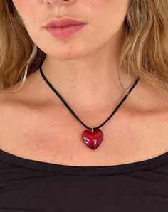 Glass Heart Pendant, Heart Cord Necklace, Large Heart Necklace, Red Heart Necklace Outfit, Heart Necklace Outfit, Downtown Girl Jewelry, Wardrobe Manifestation, Gemini Jewels, Mimi Necklace