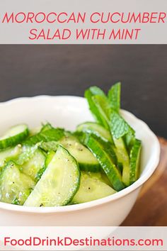 This tangy Moroccan cucumber salad with mint is a perfect side dish for roasted meats and fish or burgers. It also makes a great Moroccan salad recipe to pair with other salads. Cucumber Salad With Mint, Turkish Cucumber Salad, Moroccan Appetizer Recipes, Middle Eastern Cucumber Salad, Moroccan Sides, Moroccan Salad Recipe, Africa Dishes, Moroccan Food Recipes