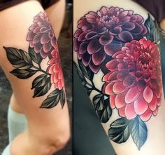 two women with tattoos on their legs, one has flowers and the other has leaves