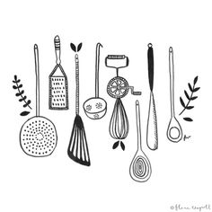 the kitchen utensils are lined up in a line on white paper, with black ink