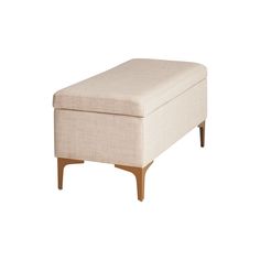 the footstool is made from wood and has a beige upholstered cover