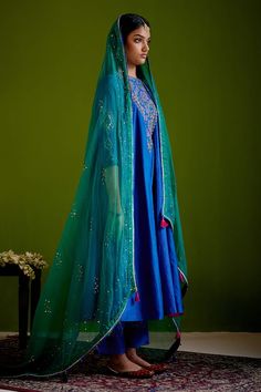 Blue woven chanderi block printed embroidered long anarkali. Paired with a scallop detailed pant and green silk organza dupatta. - Aza Fashions Block Print Anarkali, Guru Dutt, Long Anarkali, Organza Dupatta, Women Kurta, Silk Organza, Fashion App, Green Silk, Pant Set