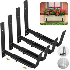 four pieces of black metal brackets with flowers in the window box behind them and an image of