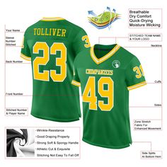 Custom Grass Green Gold-White Mesh Authentic Throwback Football Jersey Affordable Green Collegiate Jersey, Affordable Green Jersey With Letter Print, Jersey Soccer, Blue Football, Grass Green, White Mesh, Baseball Shirts, Football Jersey, Green Grass