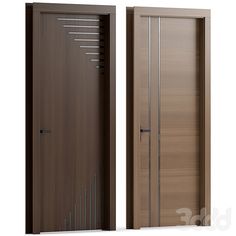 two wooden doors with metal handles on each side and an open door in the middle