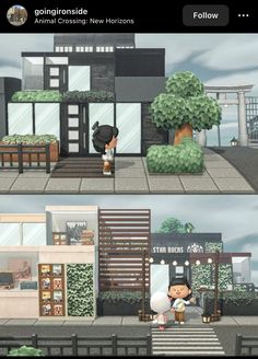 two screenshots of the same building and one shows an animal crossing new horizon