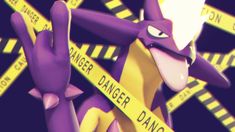 a purple and yellow cartoon character with danger signs around him