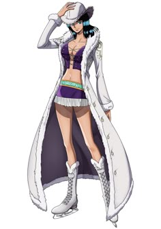 an anime character dressed in white and purple clothing, standing with her hands on her head